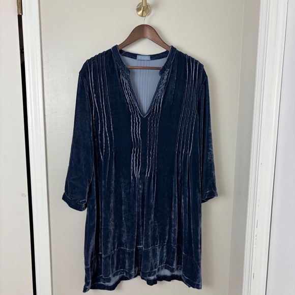 CP Shades Regina Blue Crushed Velvet Pintucked Tunic Dress Lagenlook Size L - Picture 2 of 9